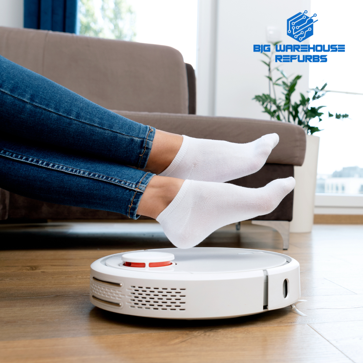 Refurbished Dreame W10 Robot Vacuum cleaning a modern living room with powerful suction and self-cleaning mop system.