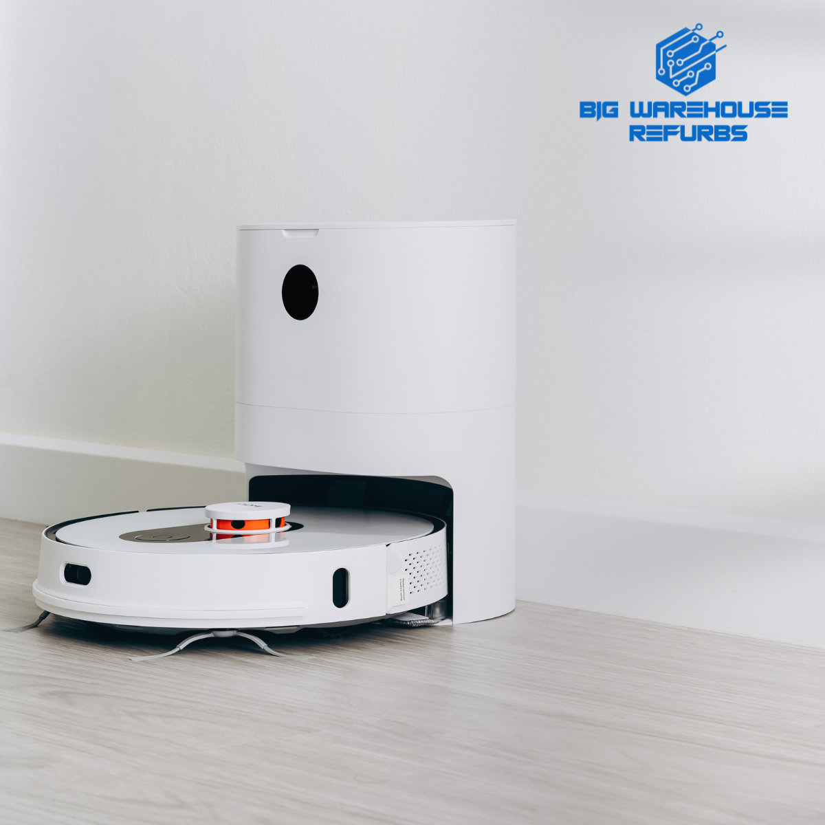 Refurbished robot vacuum cleaning a modern living room, offering cost savings and top-tier cleaning performance for budget-conscious shoppers.