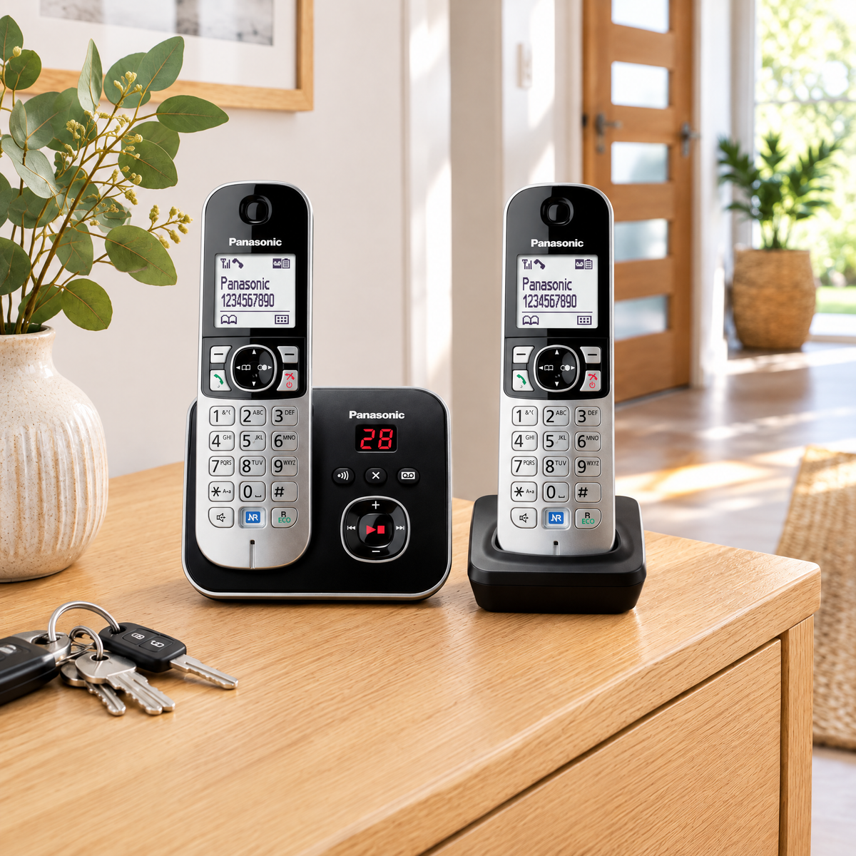 Refurbished Panasonic cordless phones on a hallway table