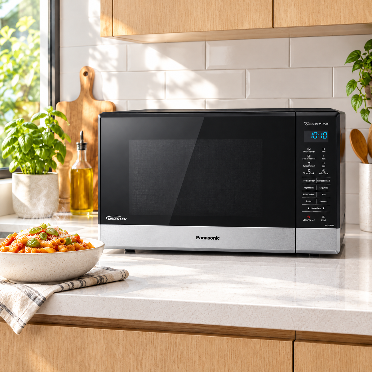 Refurbished Panasonic inverter microwave on a kitchen benchtop