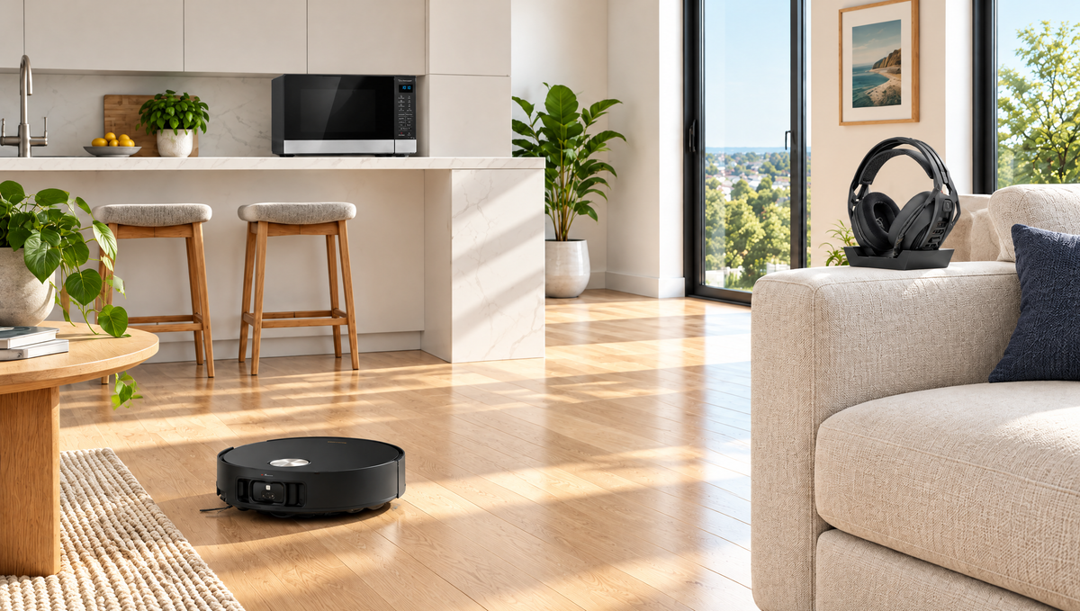 Refurbished Dreame robot vacuum, Panasonic microwave and RIG gaming headset in a bright Australian home