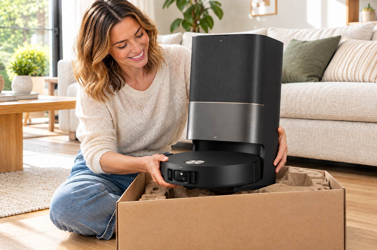 Happy customer unboxing a refurbished robot vacuum at home