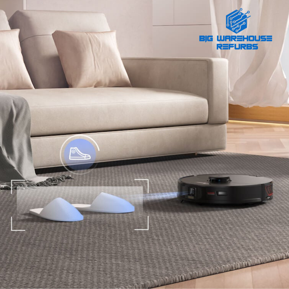Refurbished Roborock S7 MaxV Robot Vacuum using AI-powered navigation and sonic mopping to clean a carpeted and hardwood floor.