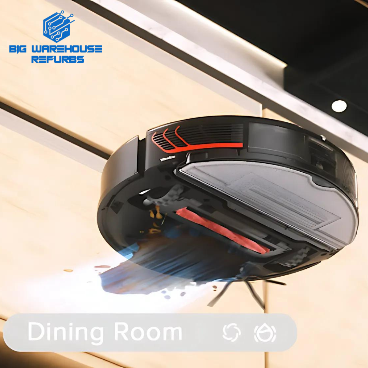 Refurbished robot vacuum cleaning hardwood floors, contributing to eco-friendly and sustainable living by reducing e-waste.