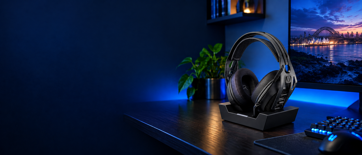 Refurbished RIG gaming headset at an evening gaming setup