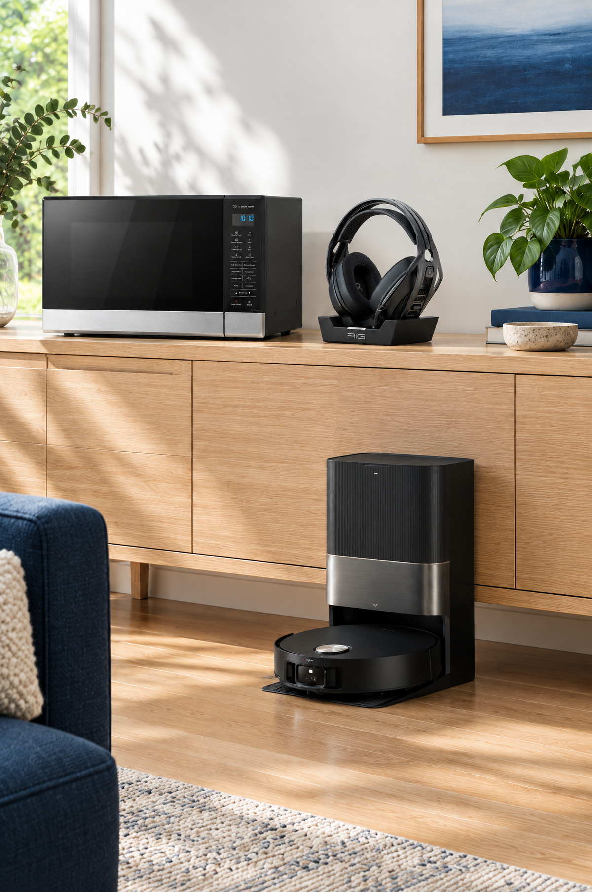 Refurbished microwave, gaming headset and robot vacuum styled together