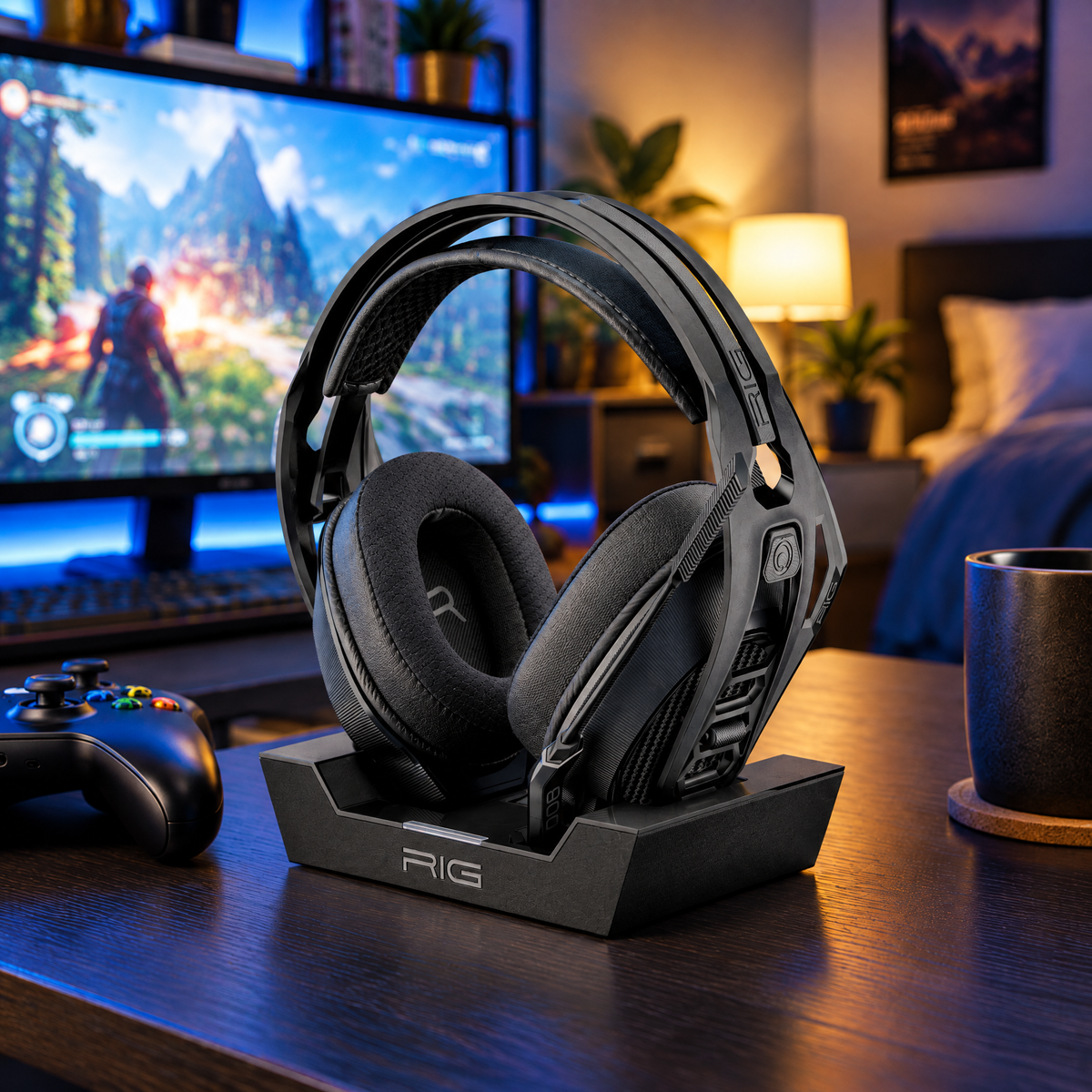 Refurbished RIG wireless gaming headset on a gaming desk