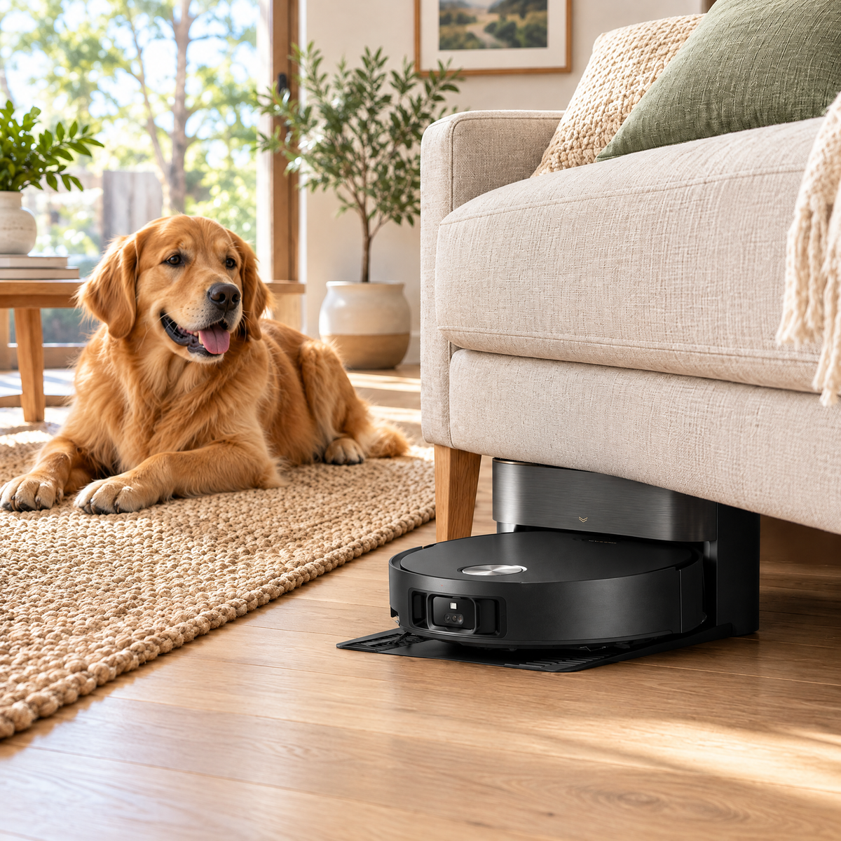 Refurbished Dreame robot vacuum cleaning under a sofa beside a dog