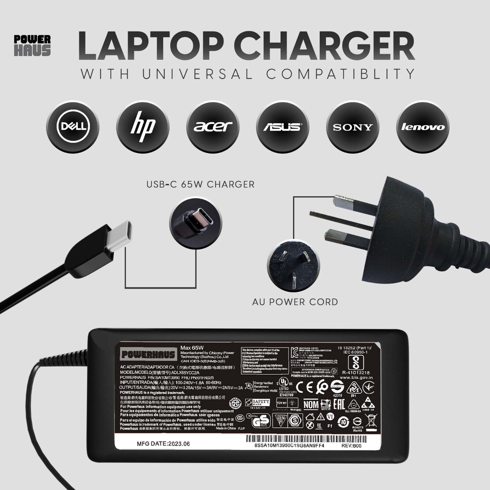 Powerhaus 65w laptop charger suit dell lenovo hp asus and more