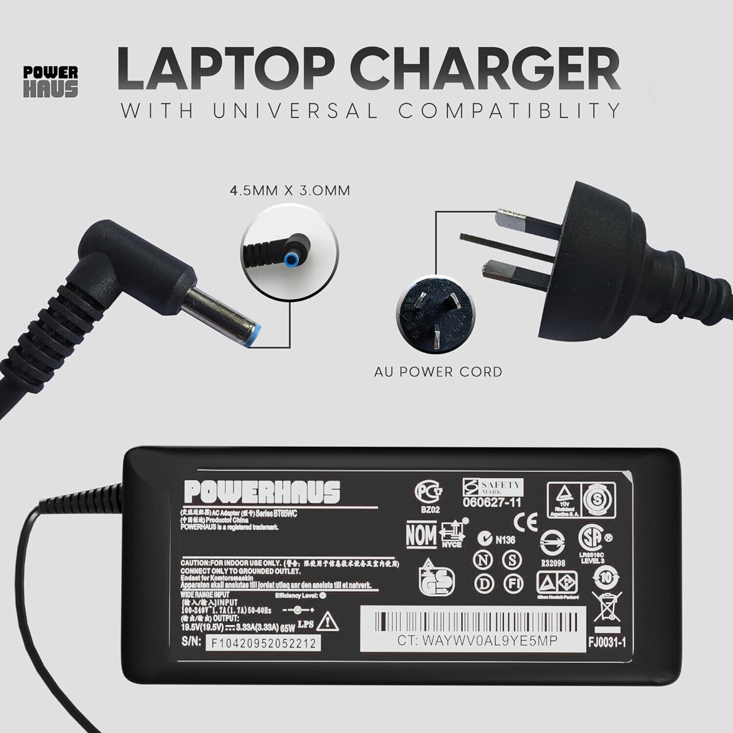 Premium HP Smart Blue Tip 65W Laptop Charger for HP Pavilion Envy EliteBook