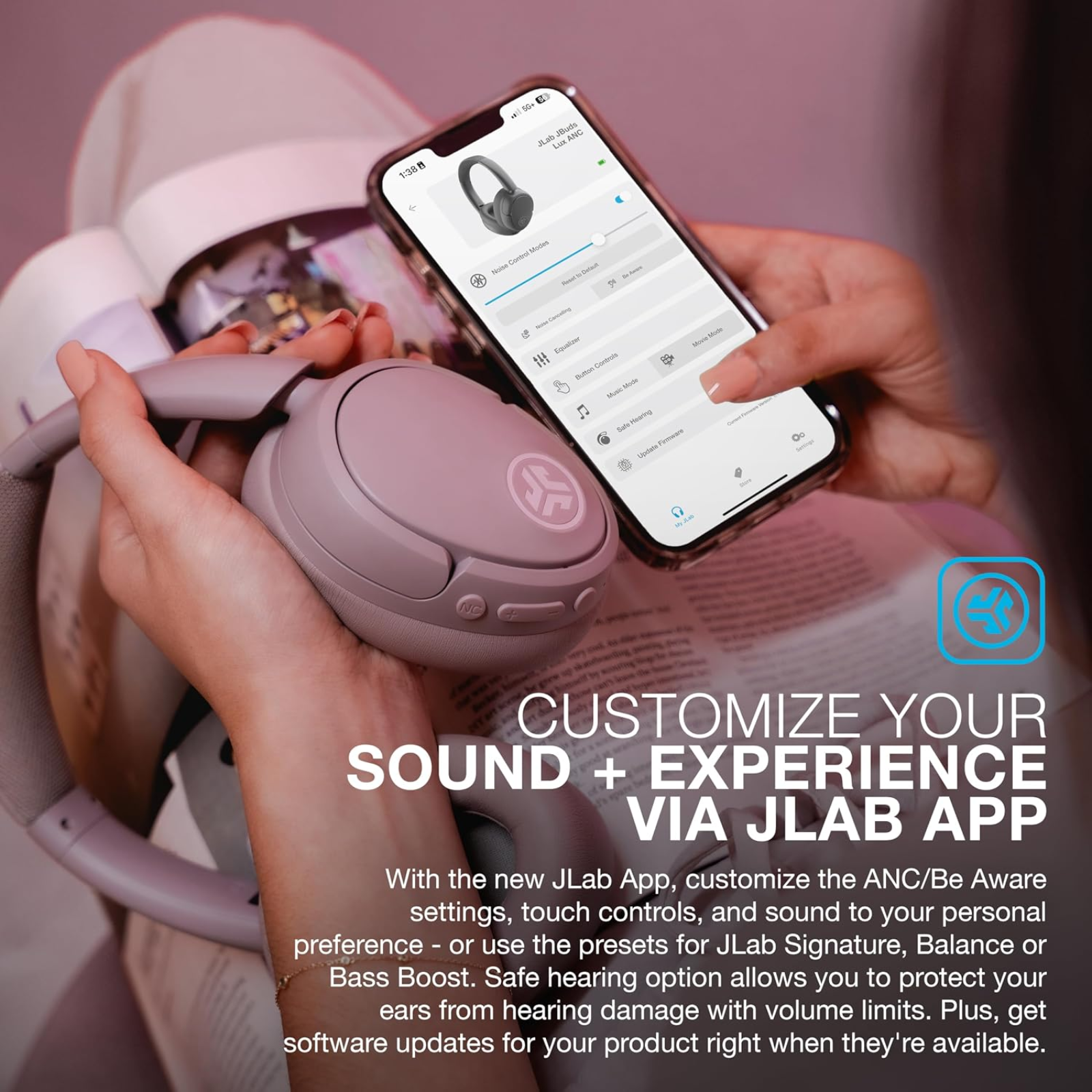 JLab JBuds Lux ANC Wireless Hybrid Active Noise Cancelling Headphones - Mauve (Open Box)